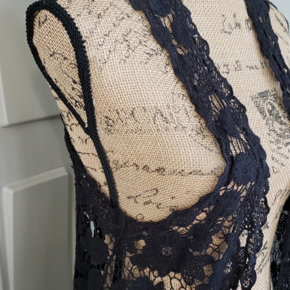 Indigo vest black crochet lace open front Size Medium - Picture 2 of 5